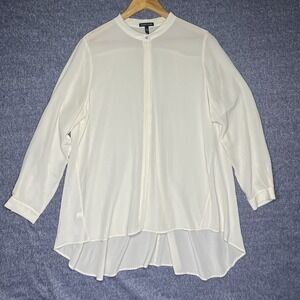 Eileen Fisher Off White Silk Long Sleeve Tunic‎ Length Button Front Shirt Large.